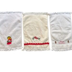 Vintage Cannon Martex Christmas Hand Towels Set 3 White‎ Cream Cotton Fringed